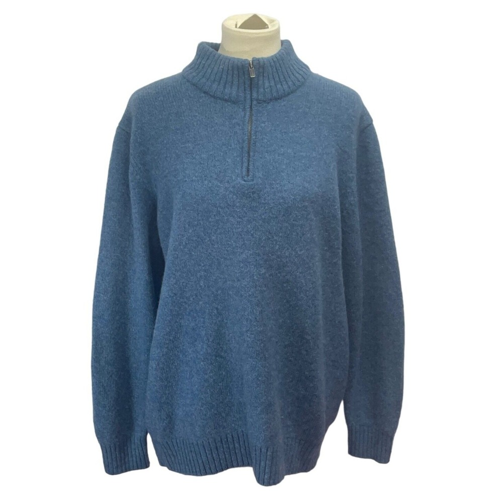 L.L. Bean Mens 1/4 Zip Blue Sweater 100% Shetland Wool Banded Collar Size XL